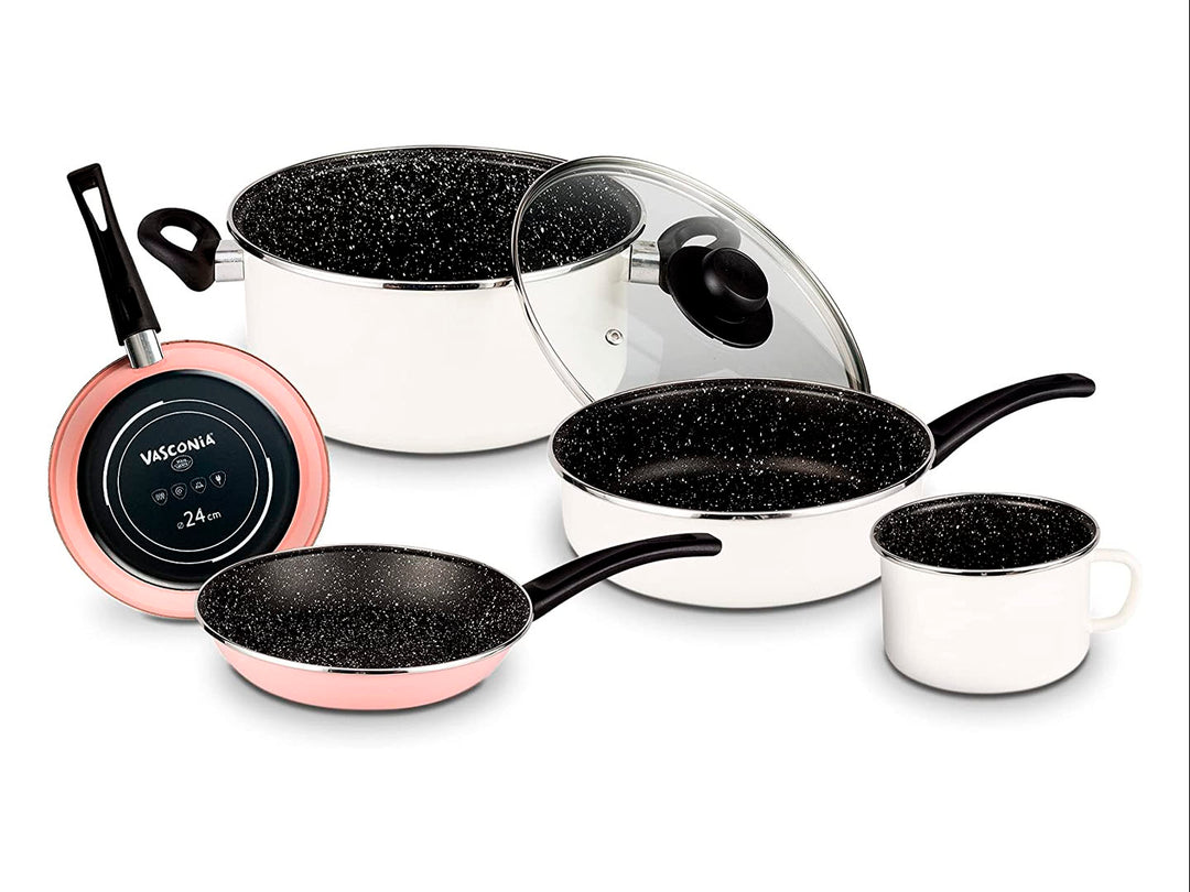 Set de batería de cocina Vasconia de 6 piezas en colores blanco y rosa con interior negro moteado.