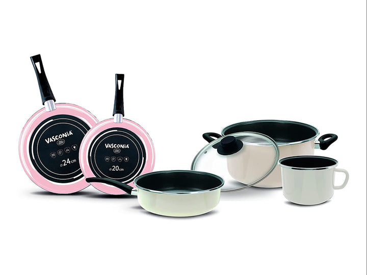 Set de batería de cocina Vasconia de 6 piezas en colores blanco y rosa con interior negro moteado.