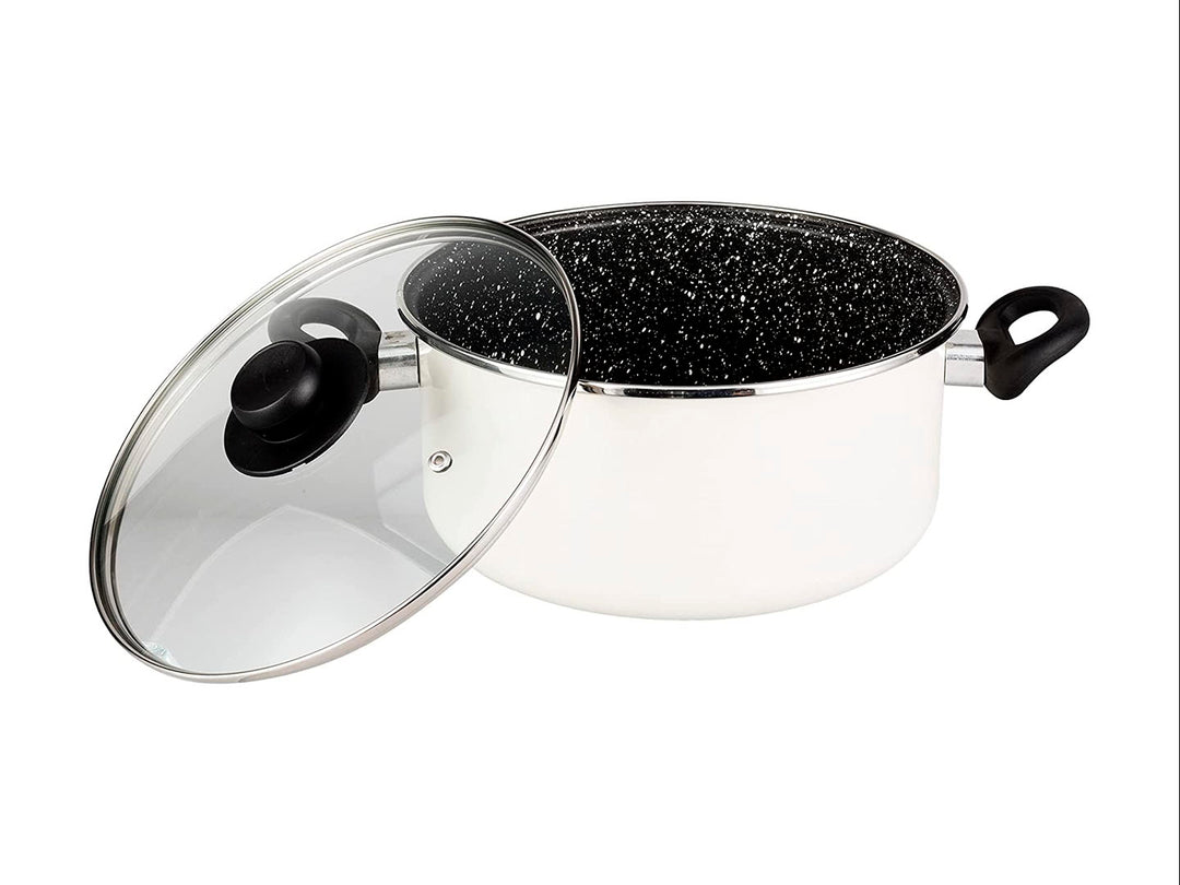 Set de batería de cocina Vasconia de 6 piezas en colores blanco y rosa con interior negro moteado.