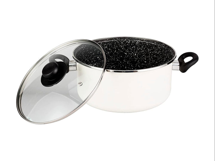 Set de batería de cocina Vasconia de 6 piezas en colores blanco y rosa con interior negro moteado.