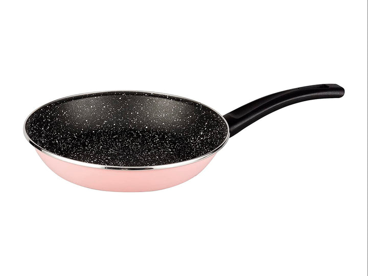 Set de batería de cocina Vasconia de 6 piezas en colores blanco y rosa con interior negro moteado.