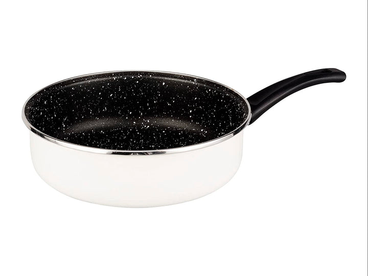 Set de batería de cocina Vasconia de 6 piezas en colores blanco y rosa con interior negro moteado.