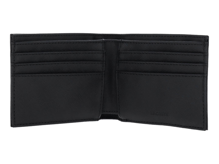 Cartera Lacoste de color negro con textura rugosa y logotipo grabado en relieve.