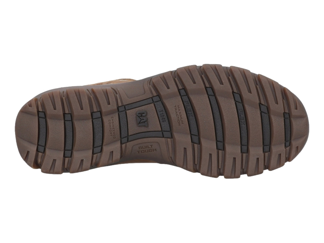 Bota de cuero color beige oscuro marca Caterpillar con suela marrón y cordones.