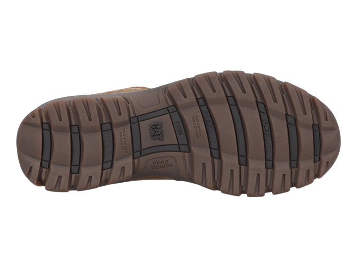 Bota de cuero color beige oscuro marca Caterpillar con suela marrón y cordones.