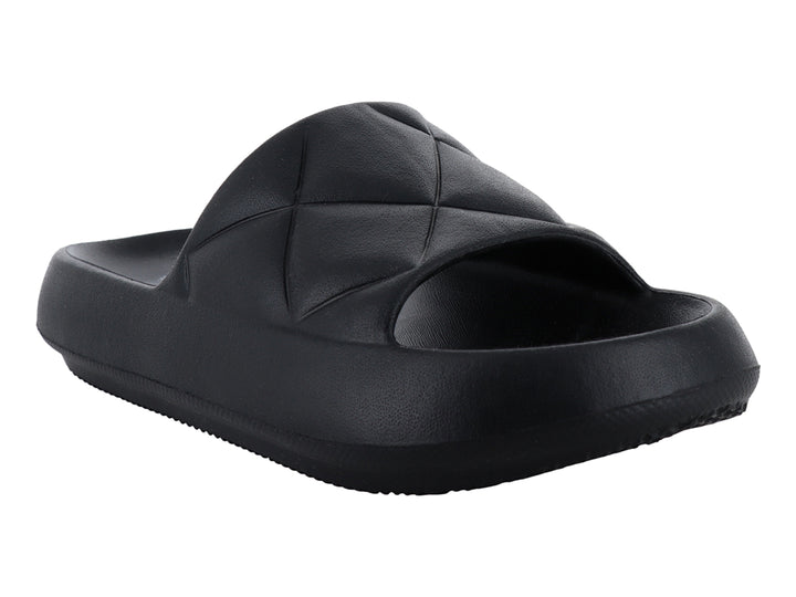 Sandalia deslizante color negro con correa acolchada y suela gruesa.