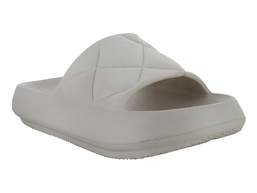 Sandalia slide color latte con correa acolchada y suela ancha.