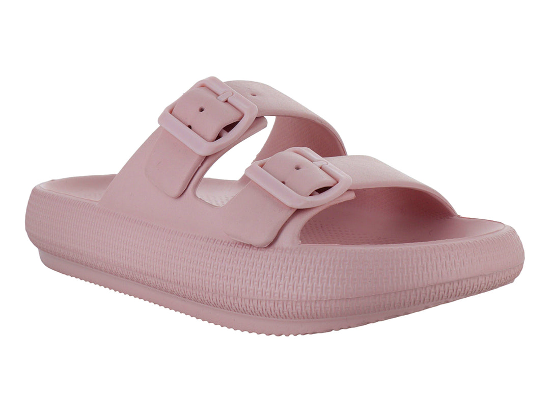 Sandalias de plataforma color rosa palo con dos correas ajustables y hebillas.