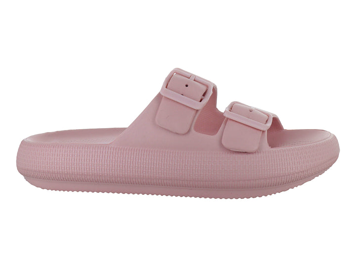 Sandalias de plataforma color rosa palo con dos correas ajustables y hebillas.