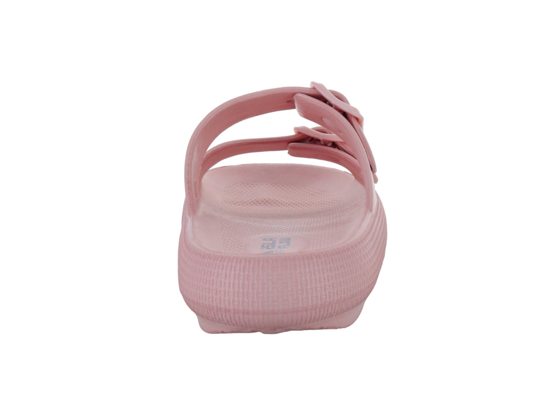 Sandalias de plataforma color rosa palo con dos correas ajustables y hebillas.