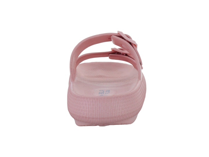 Sandalias de plataforma color rosa palo con dos correas ajustables y hebillas.