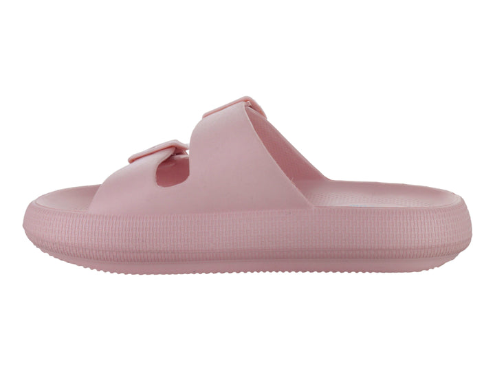Sandalias de plataforma color rosa palo con dos correas ajustables y hebillas.