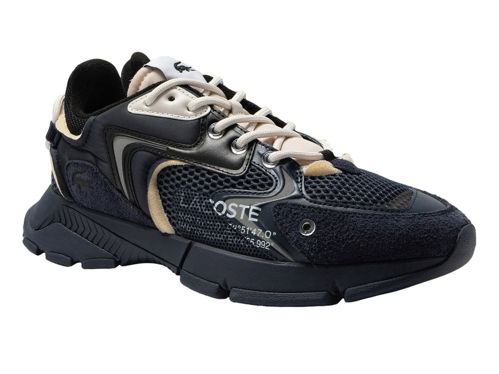 Tenis deportivos Lacoste color azul marino y negro con detalles en beige y suela robusta.