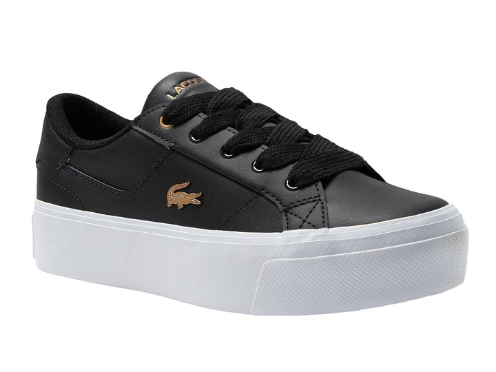 Tenis Lacoste Ziane Platform en color negro con suela blanca ancha y logo dorado lateral.