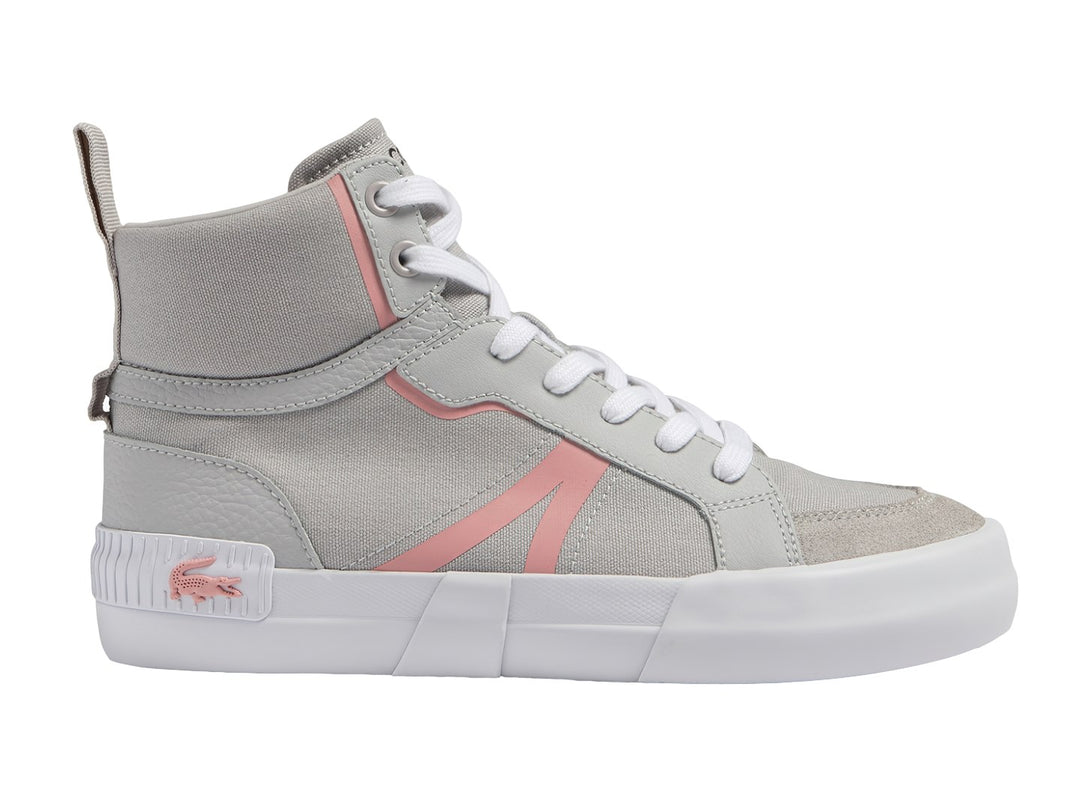 Tenis Lacoste de corte medio en color gris con detalles rosas y suela blanca.