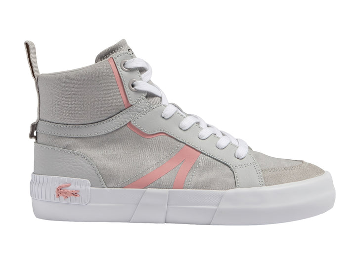 Tenis Lacoste de corte medio en color gris con detalles rosas y suela blanca.