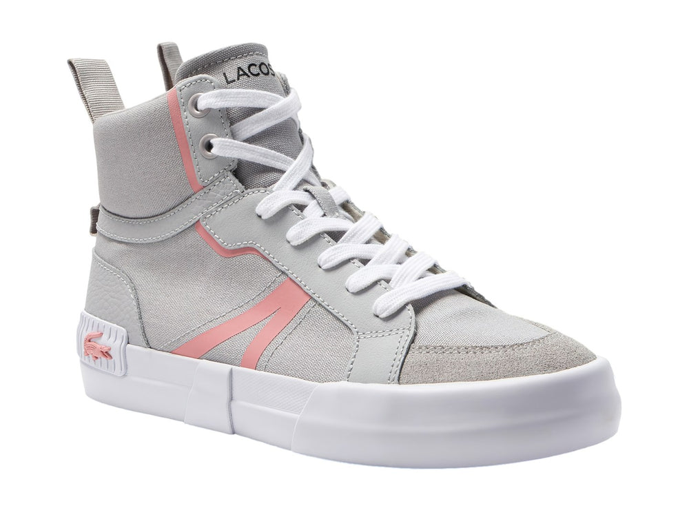 Tenis Lacoste de corte medio en color gris con detalles rosas y suela blanca.