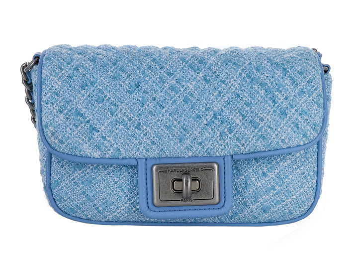 Bolso azul de tejido tipo tweed con cierre de broche metálico y correa de cadena.