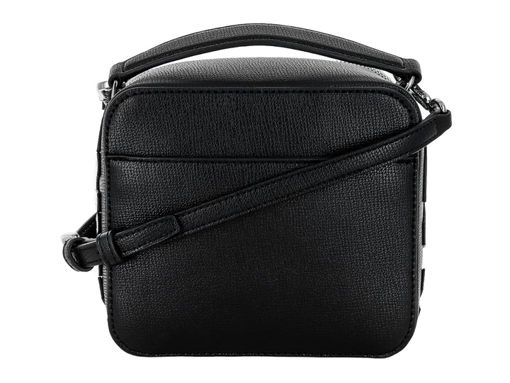 Bolso negro cuadrado de Karl Lagerfeld con asa superior y detalles en color plata.