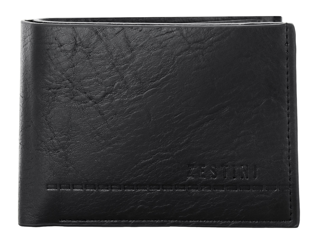 Cartera de cuero color negro con textura rugosa y marca Zestini grabada en la parte inferior.