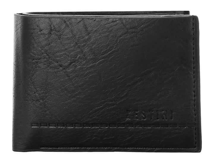 Cartera de cuero color negro con textura rugosa y marca Zestini grabada en la parte inferior.