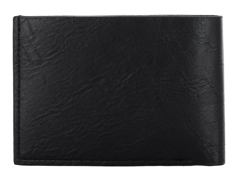 Cartera de cuero color negro con textura rugosa y marca Zestini grabada en la parte inferior.