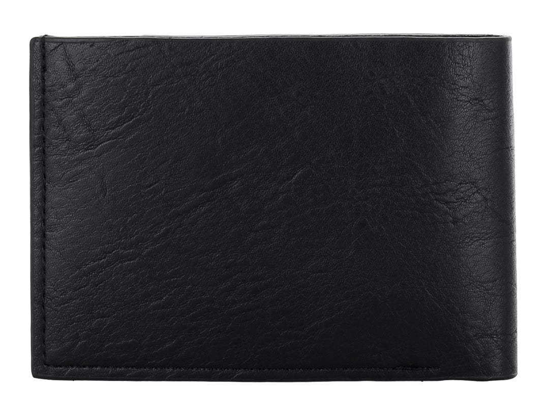 Cartera de cuero color negro con textura rugosa y marca Zestini grabada en la parte inferior.