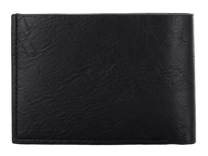 Cartera de cuero color negro con textura rugosa y marca Zestini grabada en la parte inferior.