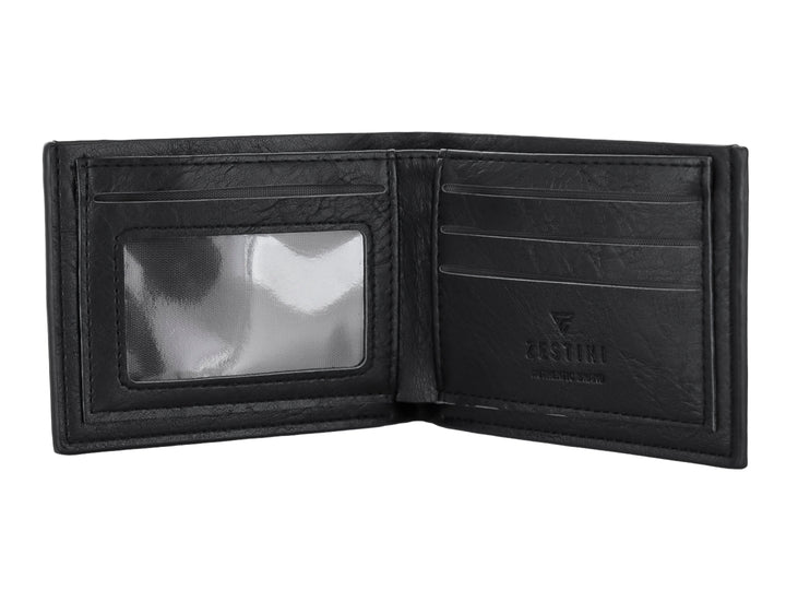 Cartera de cuero color negro con textura rugosa y marca Zestini grabada en la parte inferior.