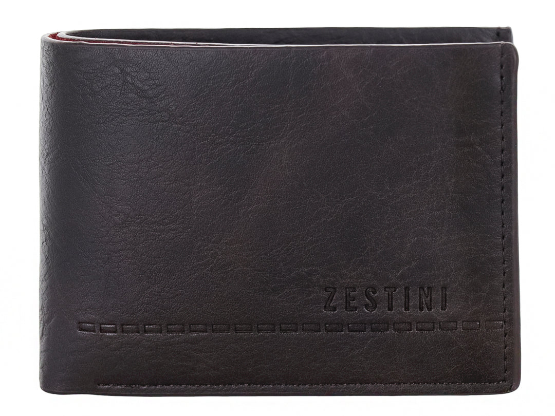 Cartera de cuero color marrón oscuro marca Zestini con acabado mate y diseño clásico plegable.