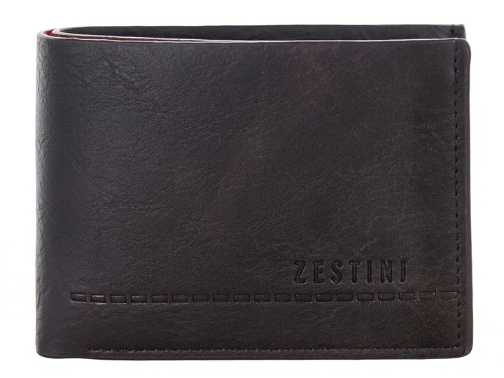 Cartera de cuero color marrón oscuro marca Zestini con acabado mate y diseño clásico plegable.