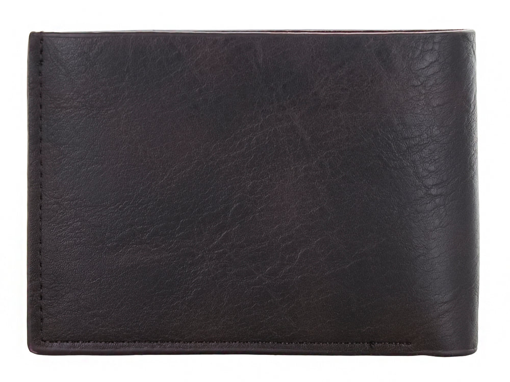 Cartera de cuero color marrón oscuro marca Zestini con acabado mate y diseño clásico plegable.