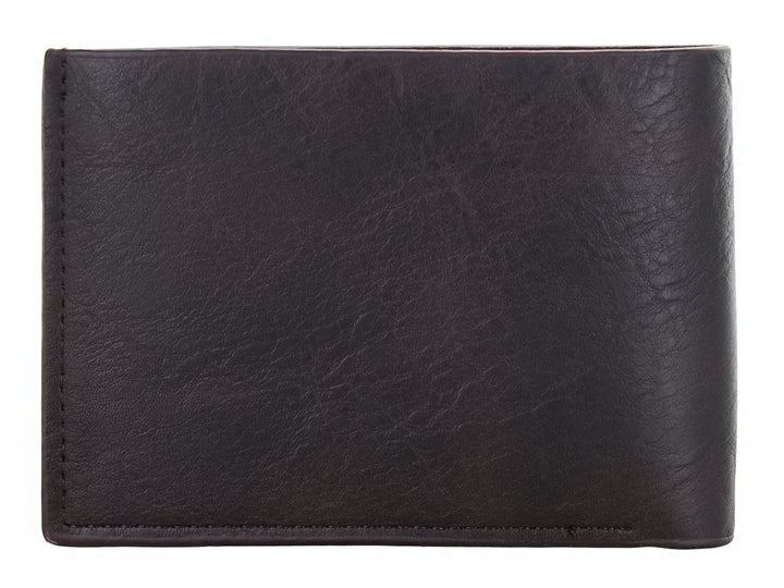 Cartera de cuero color marrón oscuro marca Zestini con acabado mate y diseño clásico plegable.