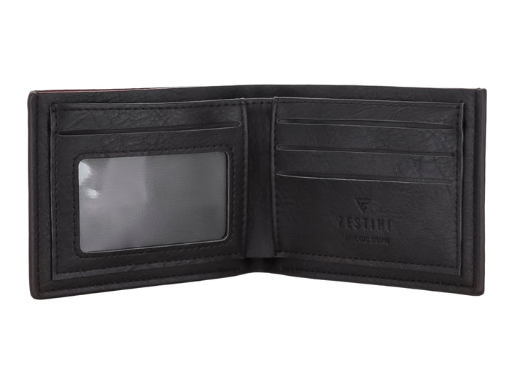 Cartera de cuero color marrón oscuro marca Zestini con acabado mate y diseño clásico plegable.