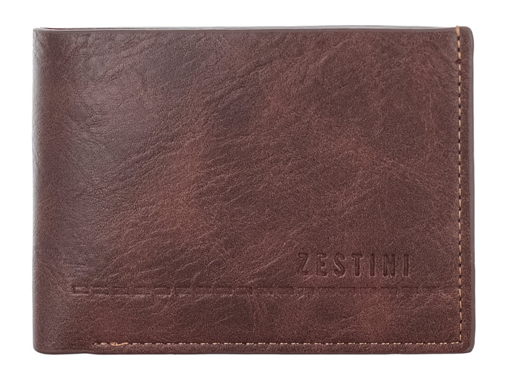 Cartera de cuero color marrón con textura rugosa y marca Zestini grabada en la parte inferior.