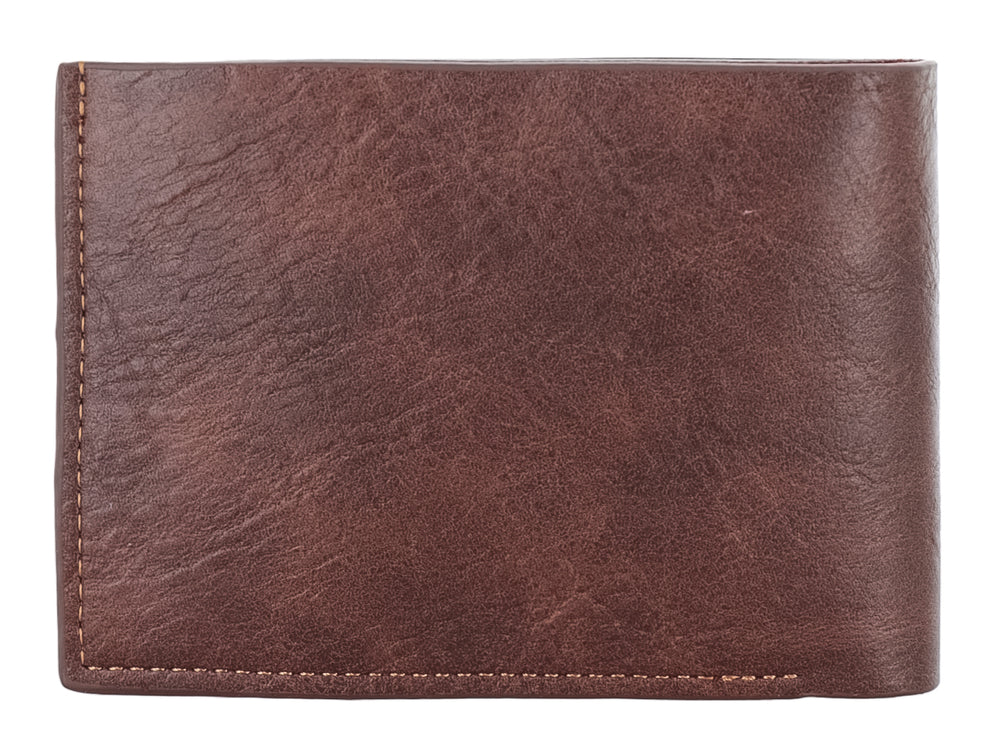Cartera de cuero color marrón con textura rugosa y marca Zestini grabada en la parte inferior.