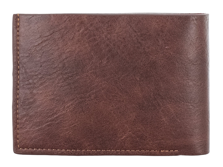 Cartera de cuero color marrón con textura rugosa y marca Zestini grabada en la parte inferior.