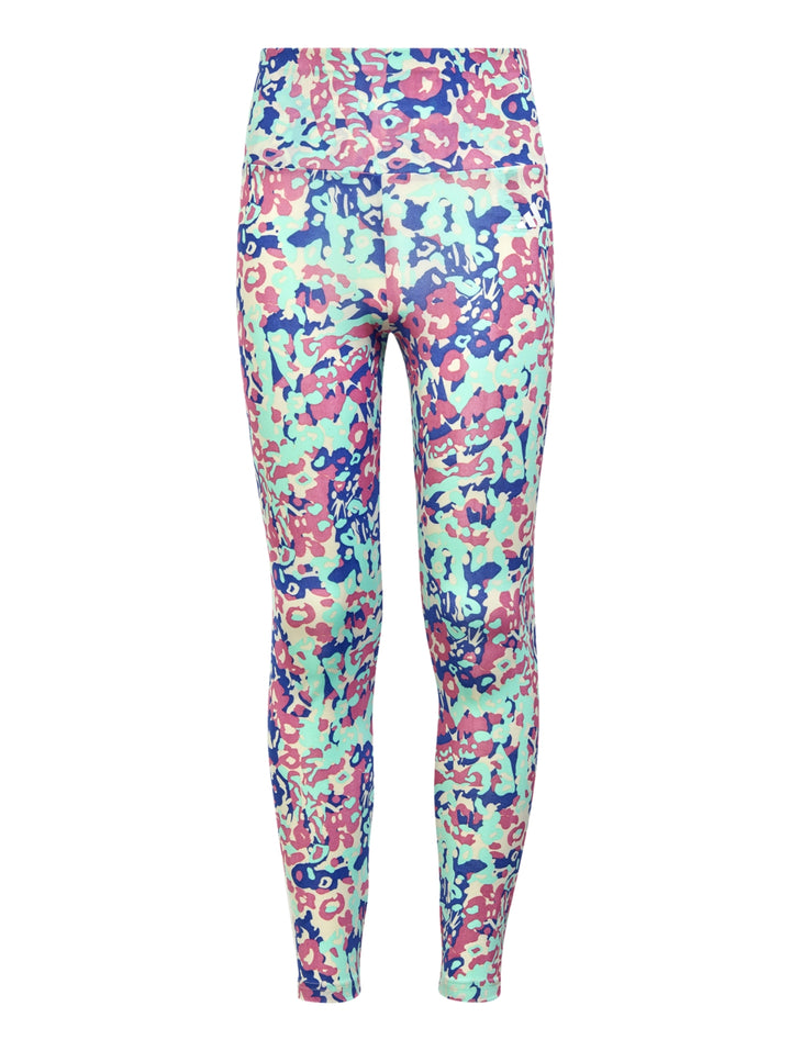 Leggings deportivos Adidas con estampado abstracto multicolor en tonos azul, rosa y verde menta.