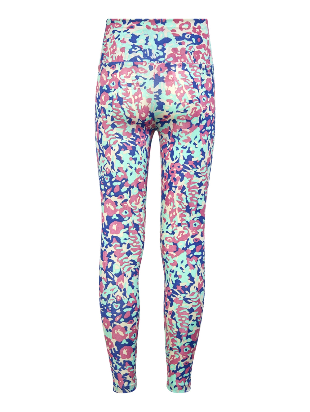 Leggings deportivos Adidas con estampado abstracto multicolor en tonos azul, rosa y verde menta.