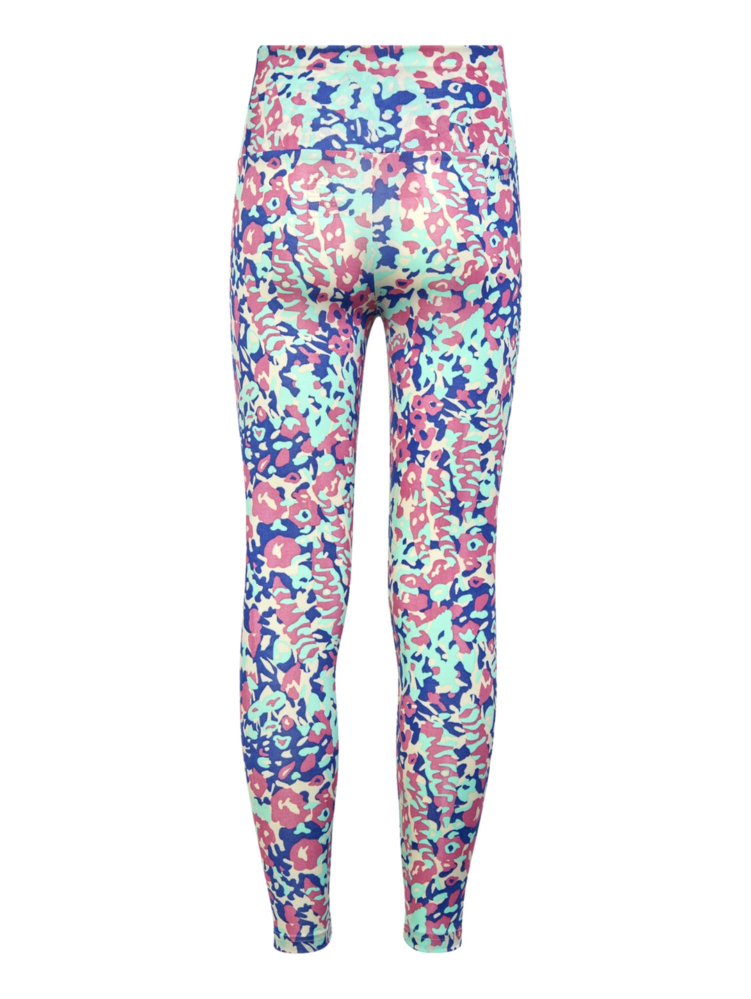 Leggings deportivos Adidas con estampado abstracto multicolor en tonos azul, rosa y verde menta.
