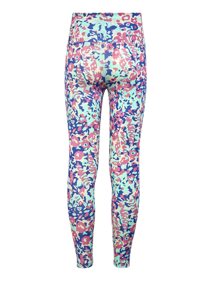 Leggings deportivos Adidas con estampado abstracto multicolor en tonos azul, rosa y verde menta.