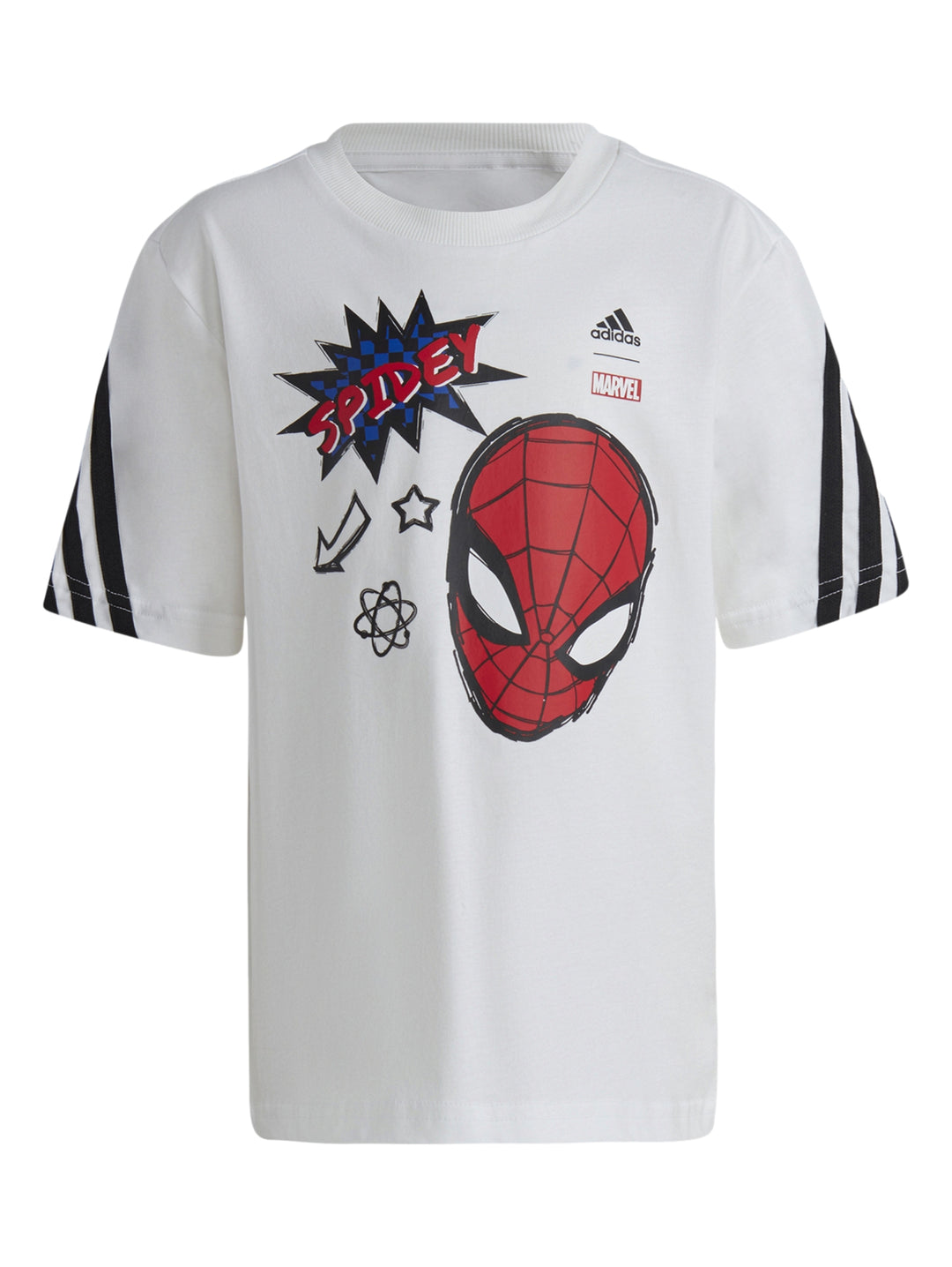 Playera blanca Adidas de manga corta con estampado de Spidey y rayas negras en las mangas.