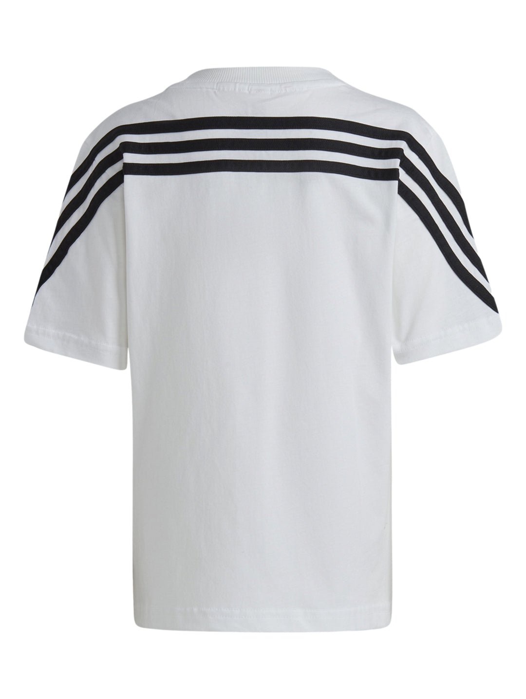 Playera blanca Adidas de manga corta con estampado de Spidey y rayas negras en las mangas.