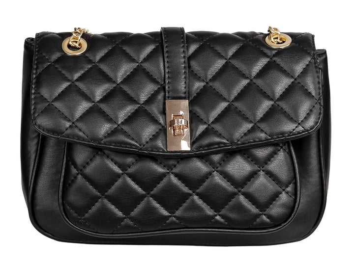 Bolso de hombro color negro con diseño acolchado en rombos, cierre metálico plateado y asa de cadena dorada.