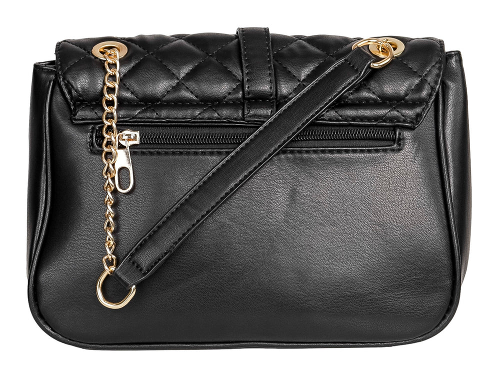 Bolso de hombro color negro con diseño acolchado en rombos, cierre metálico plateado y asa de cadena dorada.