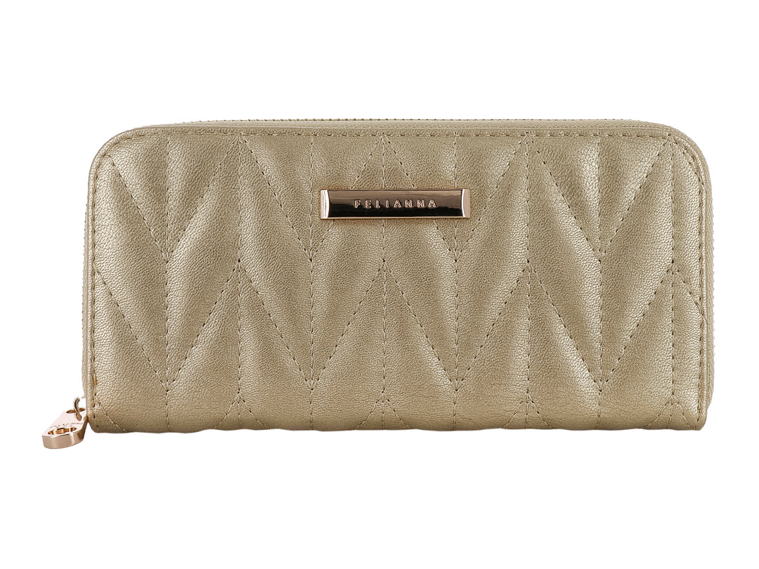 Cartera Felianna color dorado con diseño acolchado en forma de zigzag y cierre metálico.