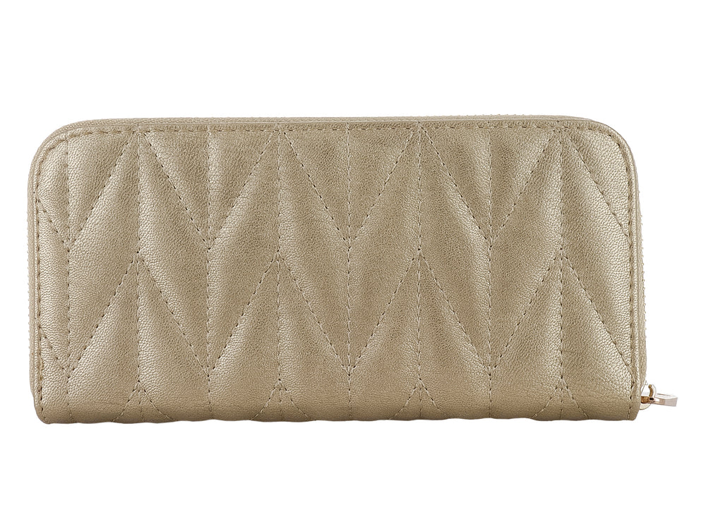 Cartera Felianna color dorado con diseño acolchado en forma de zigzag y cierre metálico.