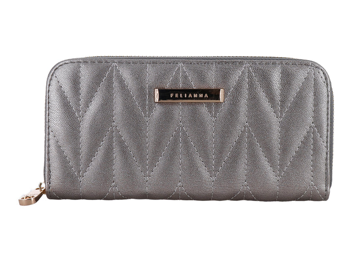 Cartera FELIANNA color plata con diseño acolchado y cierre dorado.