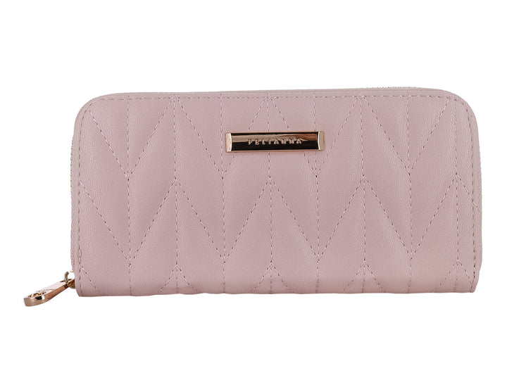 Cartera rosa de la marca Felianna con diseño acolchado en forma de chevron y cierre metálico.