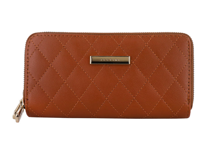 Cartera marrón de marca Felianna con diseño acolchado en forma de diamante y cierre metálico.